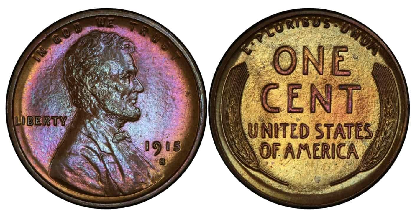 Group of 1915 Lincoln Wheat Pennies from Philadelphia, Denver, and San Francisco mints showing mintage comparison